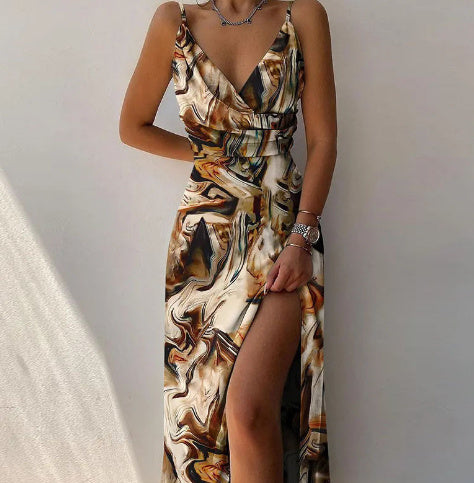 Joan – V-Neck Slip Dress with Printed Slit