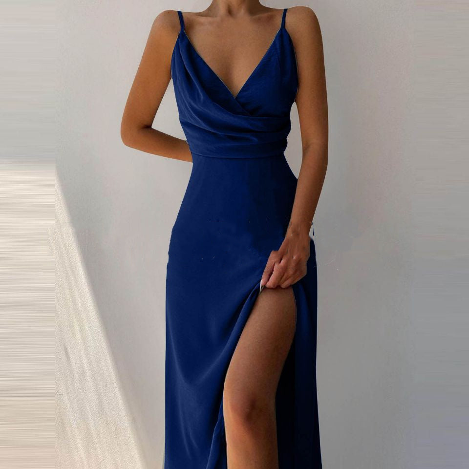 Joan – V-Neck Slip Dress with Printed Slit