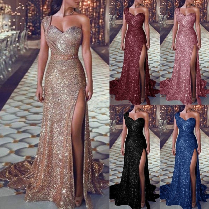 Melissa – One-shoulder Sleeveless Shimmer Split Dress
