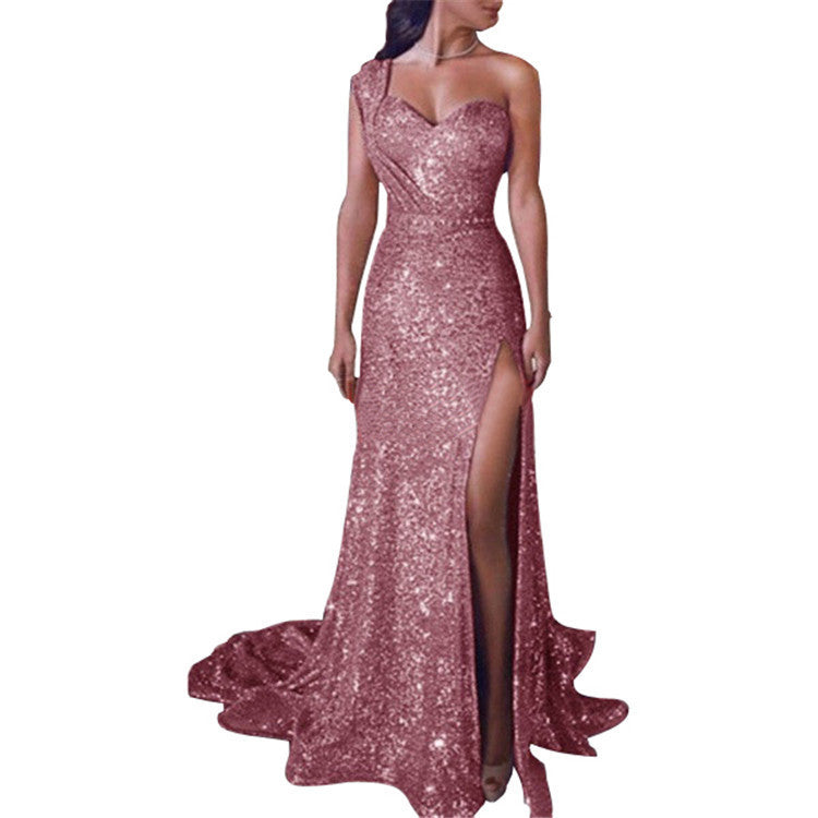 Melissa – One-shoulder Sleeveless Shimmer Split Dress