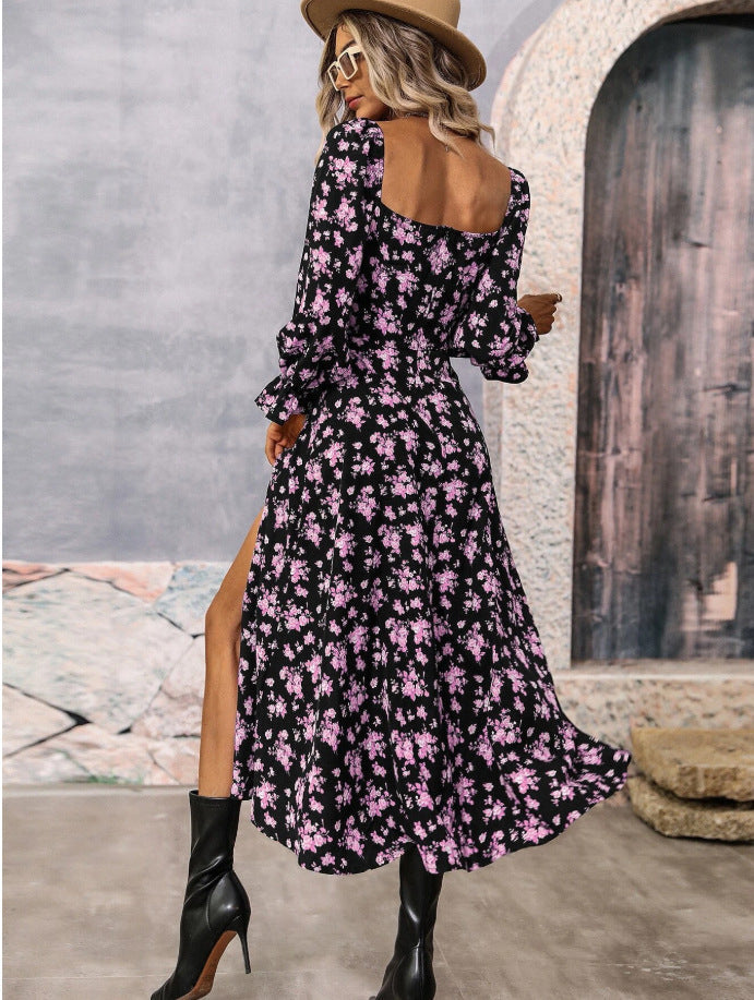 Sue – Long Sleeve Floral Dress with Square Neck