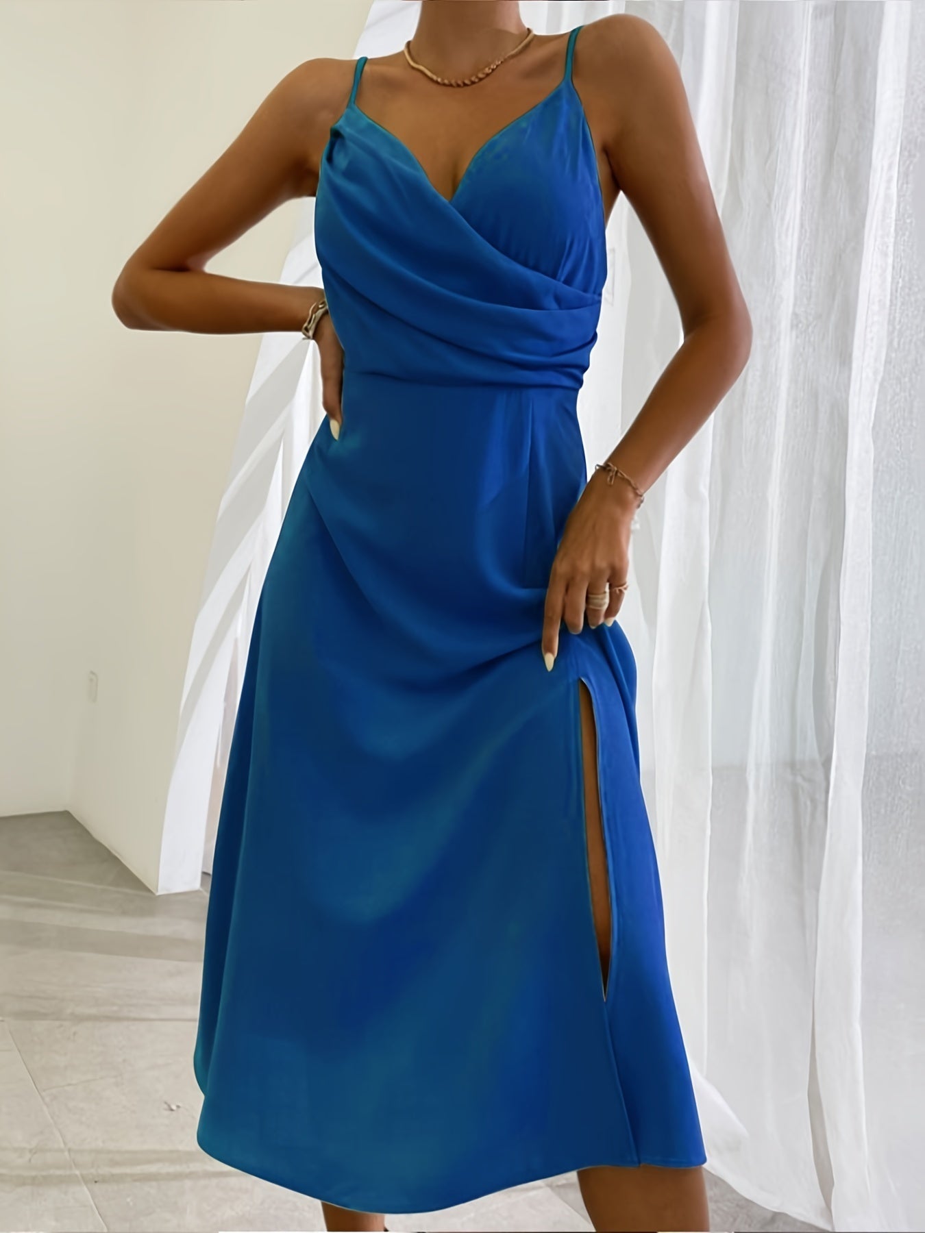 Joan – V-Neck Slip Dress with Printed Slit