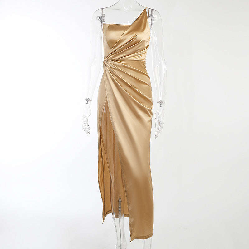 Leah – Woven One-Shoulder Slit Dress with Fishbone Waist