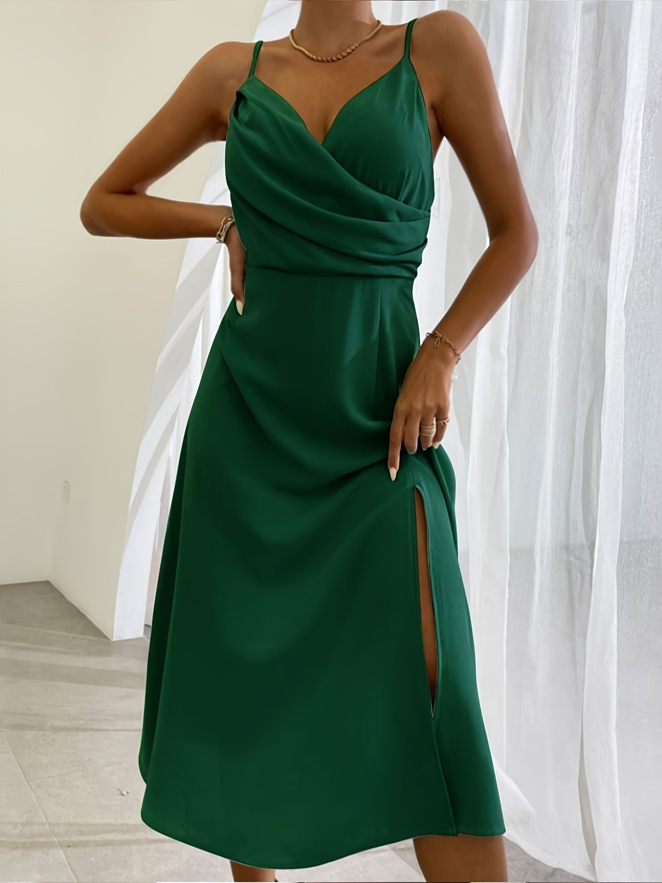 Joan – V-Neck Slip Dress with Printed Slit