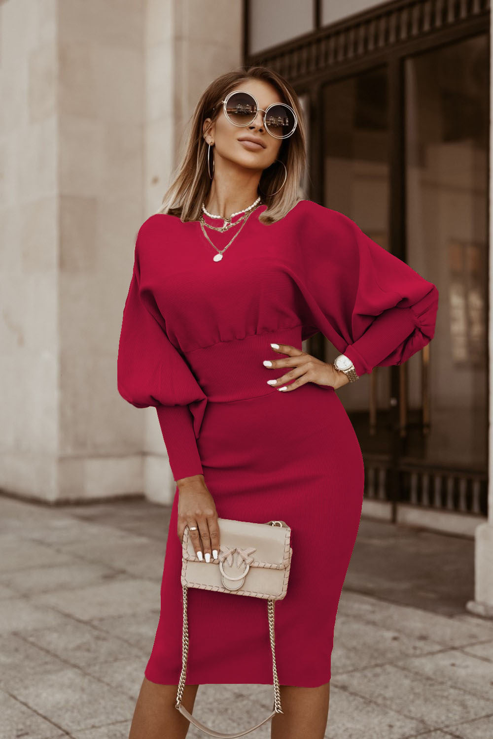 Jasmine – Solid Color Lantern Sleeve Dress