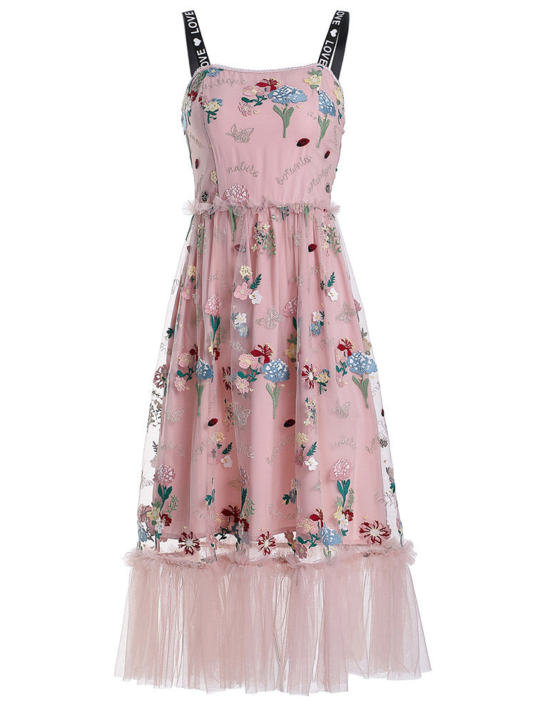 Lydia – Mesh Embroidered Mid-Length Suspender Skirt