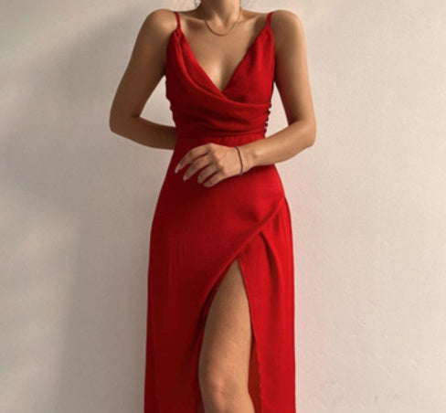 Joan – V-Neck Slip Dress with Printed Slit