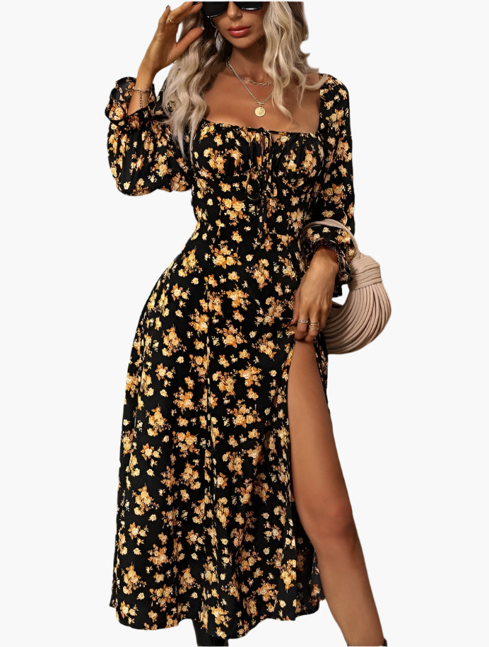 Sue – Long Sleeve Floral Dress with Square Neck