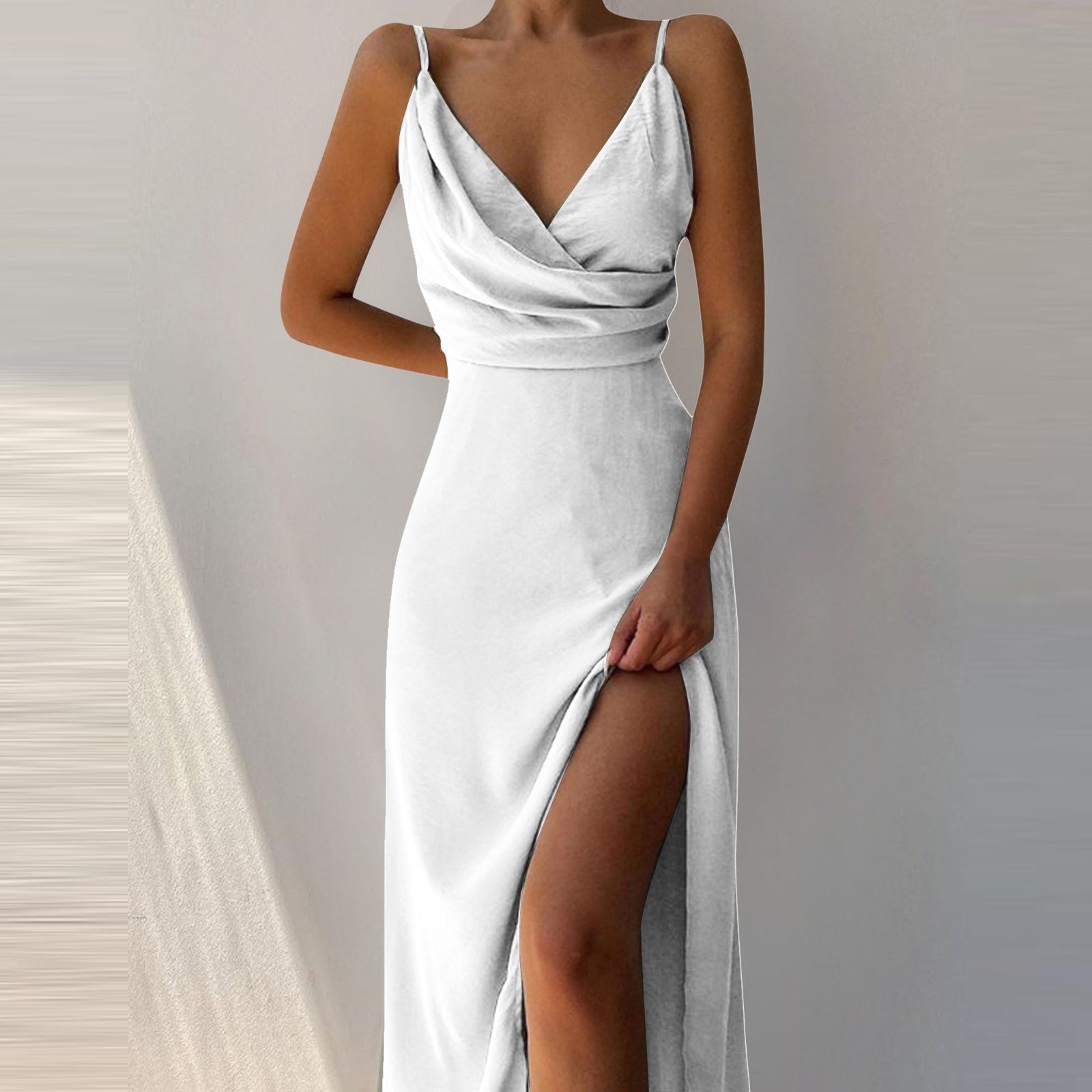 Joan – V-Neck Slip Dress with Printed Slit