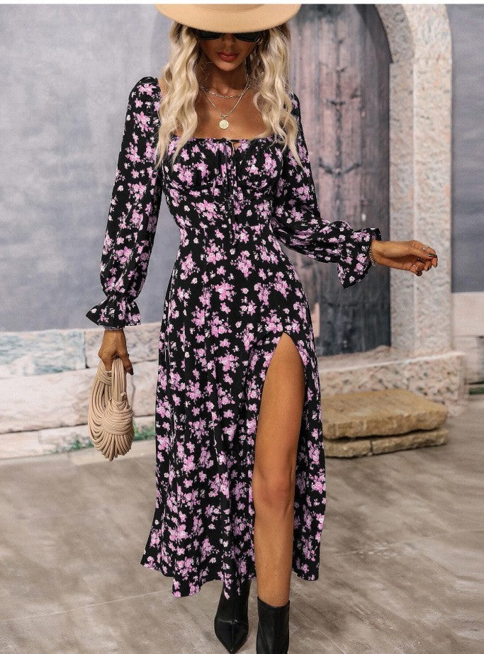 Sue – Long Sleeve Floral Dress with Square Neck
