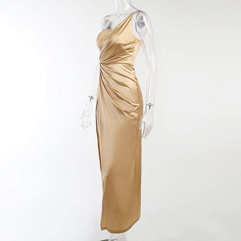 Leah – Woven One-Shoulder Slit Dress with Fishbone Waist