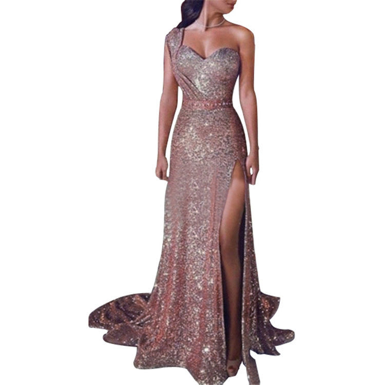 Melissa – One-shoulder Sleeveless Shimmer Split Dress