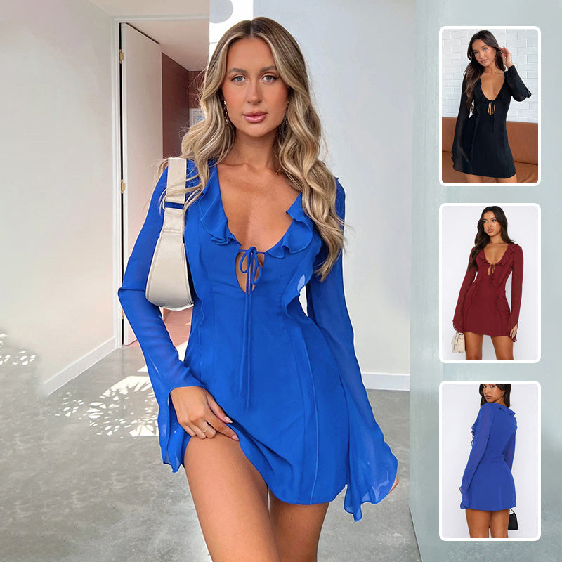 Zoe – Ruffled V-neck Lace-up Dress