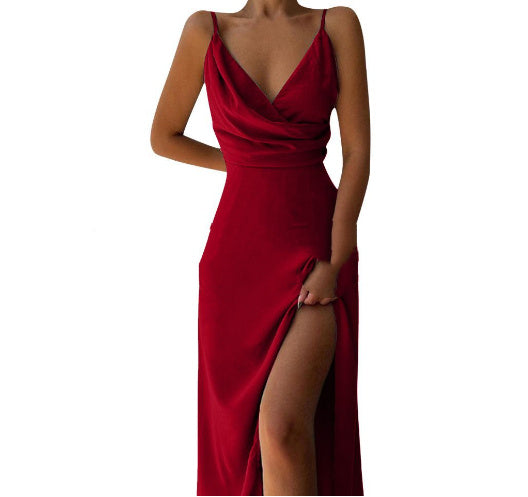 Joan – V-Neck Slip Dress with Printed Slit