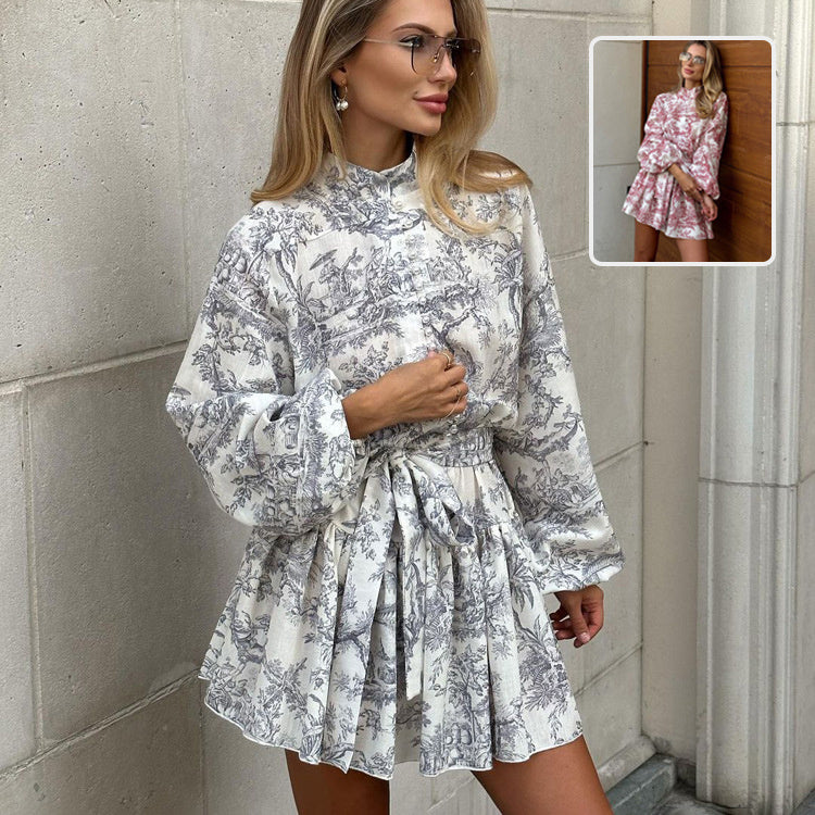 Kathryn – Ink Print A-Line Dress with Puffy Sleeves