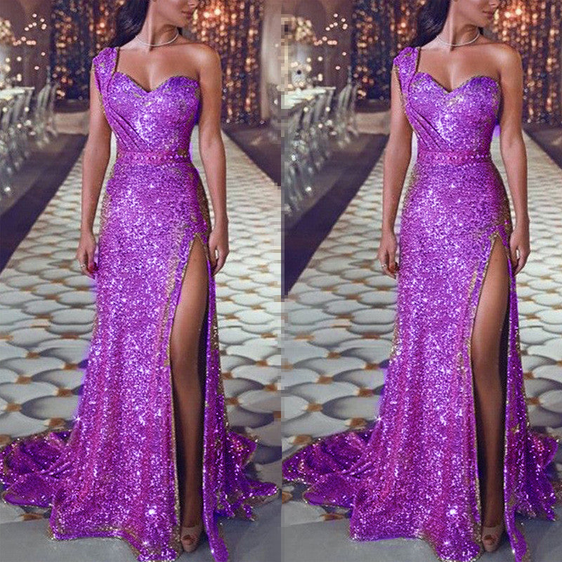 Melissa – One-shoulder Sleeveless Shimmer Split Dress