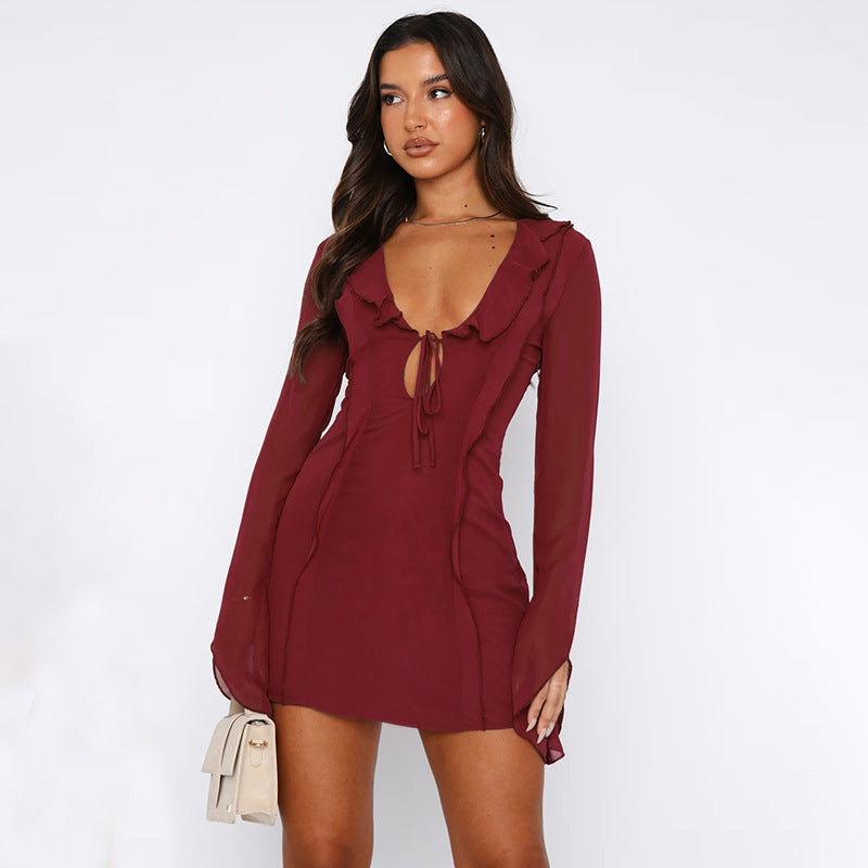 Zoe – Ruffled V-neck Lace-up Dress