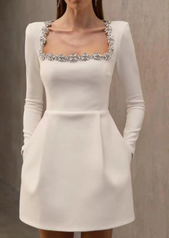 Jennifer – Elegant Square Neck A-line Dress with Rhinestone