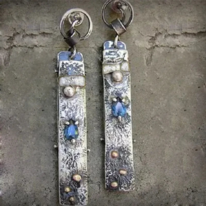 Blue Stone Artisan Earrings with Textured Silver Tone