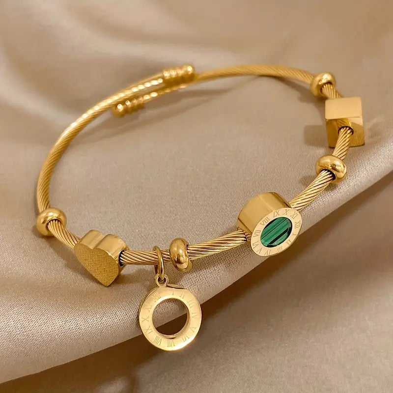 Geometric Charm Bangle in Gold with Roman Numerals and Green Accent
