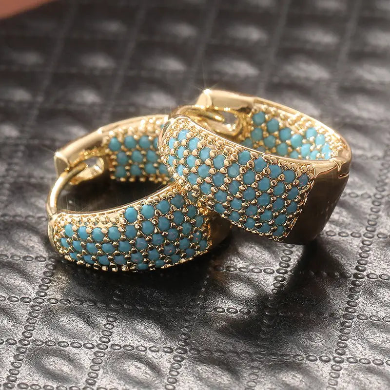 Gold Hoop Earrings with Turquoise Bead Mosaic