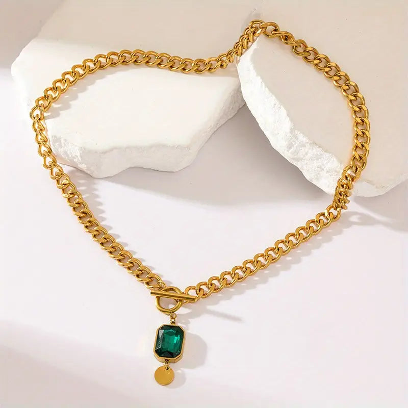 Emerald Green Gem Pendant Necklace in Gold Color