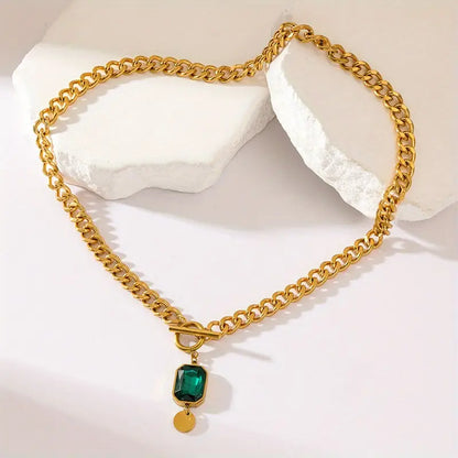 Emerald Green Gem Pendant Necklace in Gold Color