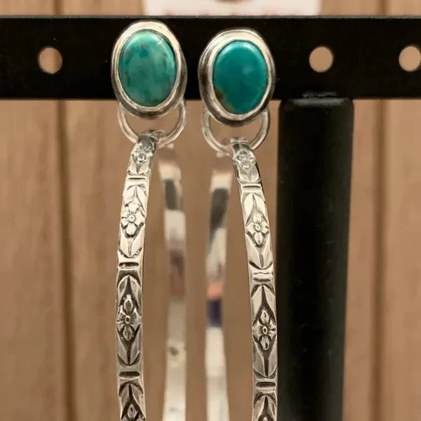 Vintage Silver Hoop Earrings with Red Stone Accents