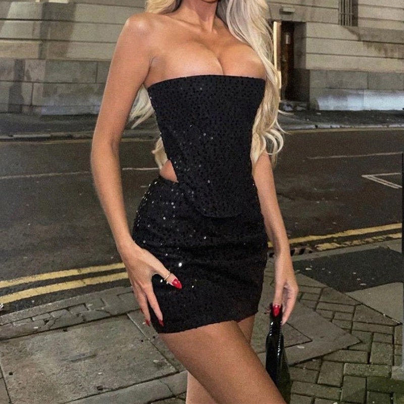 Julie – Y2K Denim Sequin Tube Top and Skirt Set