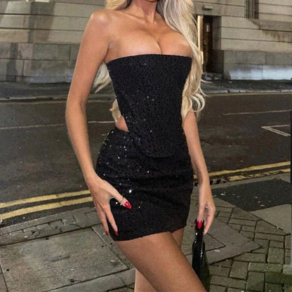 Julie – Y2K Denim Sequin Tube Top and Skirt Set