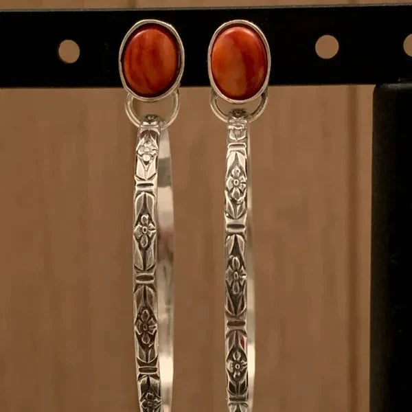 Vintage Silver Hoop Earrings with Red Stone Accents