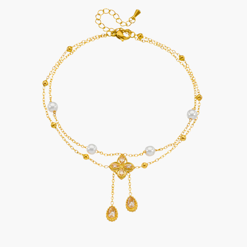 Jean – Double Layer Diamond Flower Pearl Anklet
