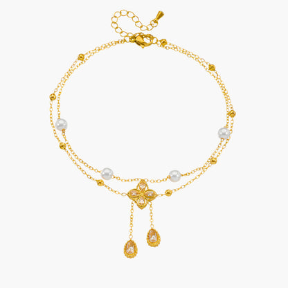 Jean – Double Layer Diamond Flower Pearl Anklet