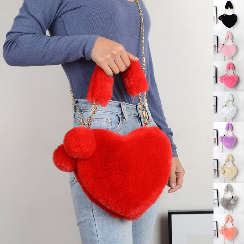 Jade – Red Heart-Shaped Fluffy Shoulder Bag with Gold Chain Straps