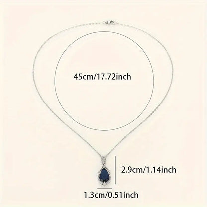 Teardrop Blue Crystal Pendant Necklace with Silver Accents