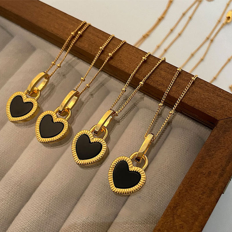 Black and White Heart Pendant Necklace in Gold Color