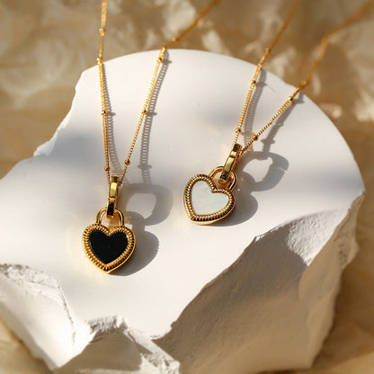 Black and White Heart Pendant Necklace in Gold Color