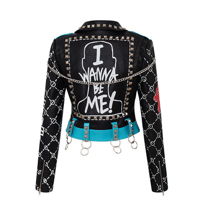 Leah – Graffiti Print Vegan Leather Coat