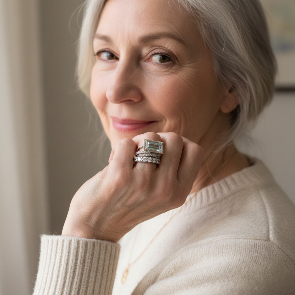 Art Deco Crystal Rectangle Ring Stack with Pavé and Round Stone Bands