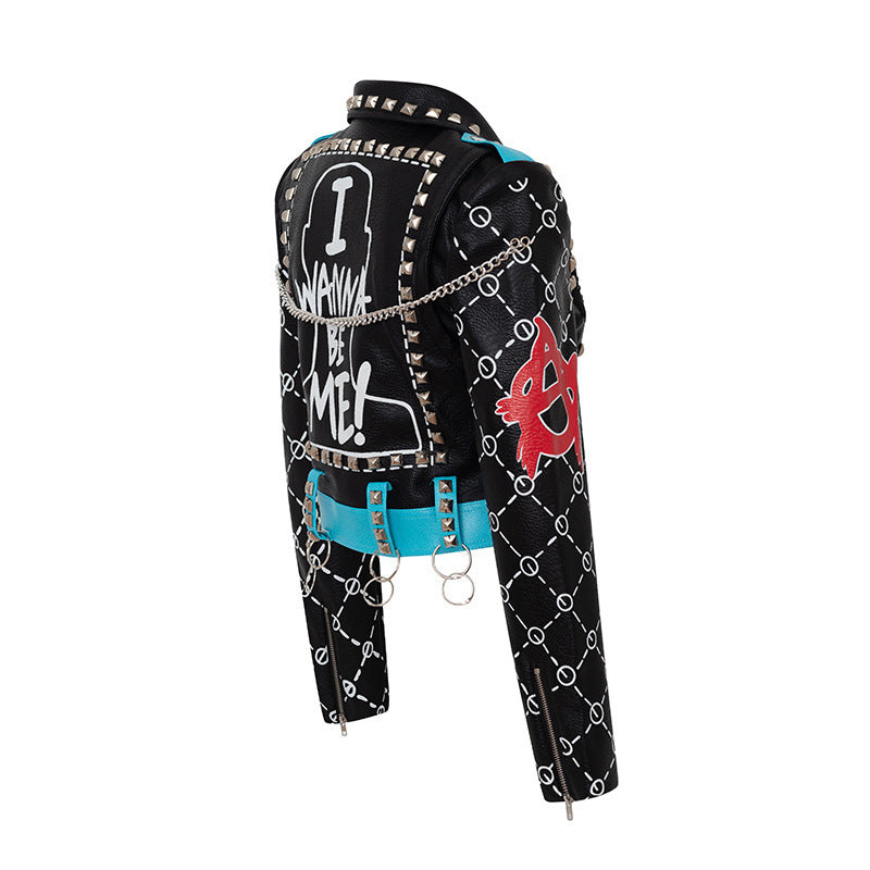 Leah – Graffiti Print Vegan Leather Coat