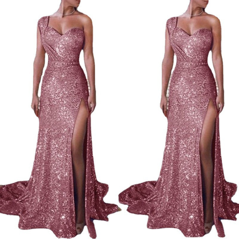 Melissa – One-shoulder Sleeveless Shimmer Split Dress