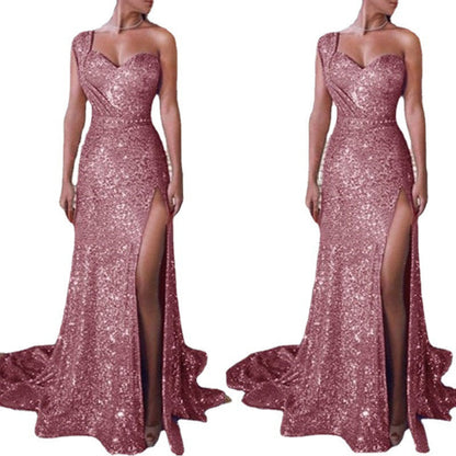 Melissa – One-shoulder Sleeveless Shimmer Split Dress