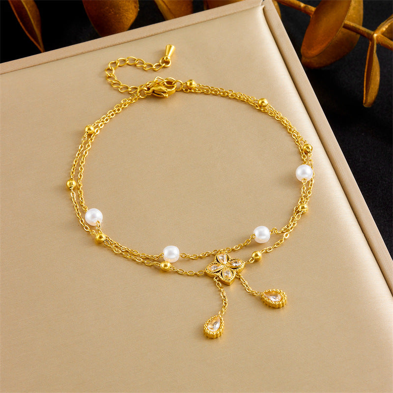 Jean – Double Layer Diamond Flower Pearl Anklet
