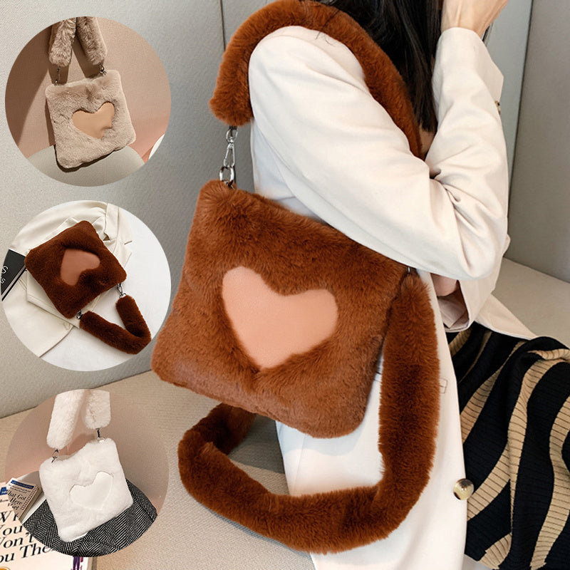 Zoe – Plush Heart-Design Fur Handbag with Soft Handle and Zipper Closure