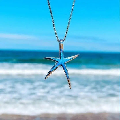 Ocean Starfish Necklace in Silver Blue Opal