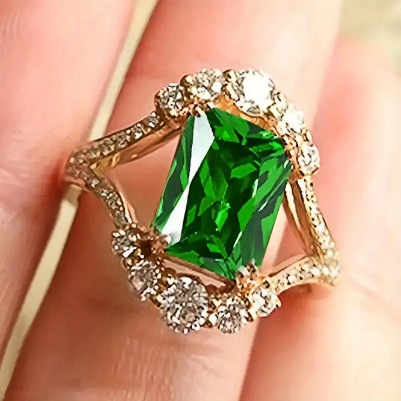 Vintage Gold Ring with Emerald Cut Green Stone and Crystal Halo