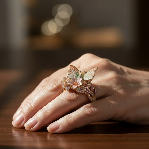 Butterfly and Blossom Garden Ring in Gold Tone