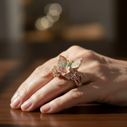 Butterfly and Blossom Garden Ring in Gold Tone