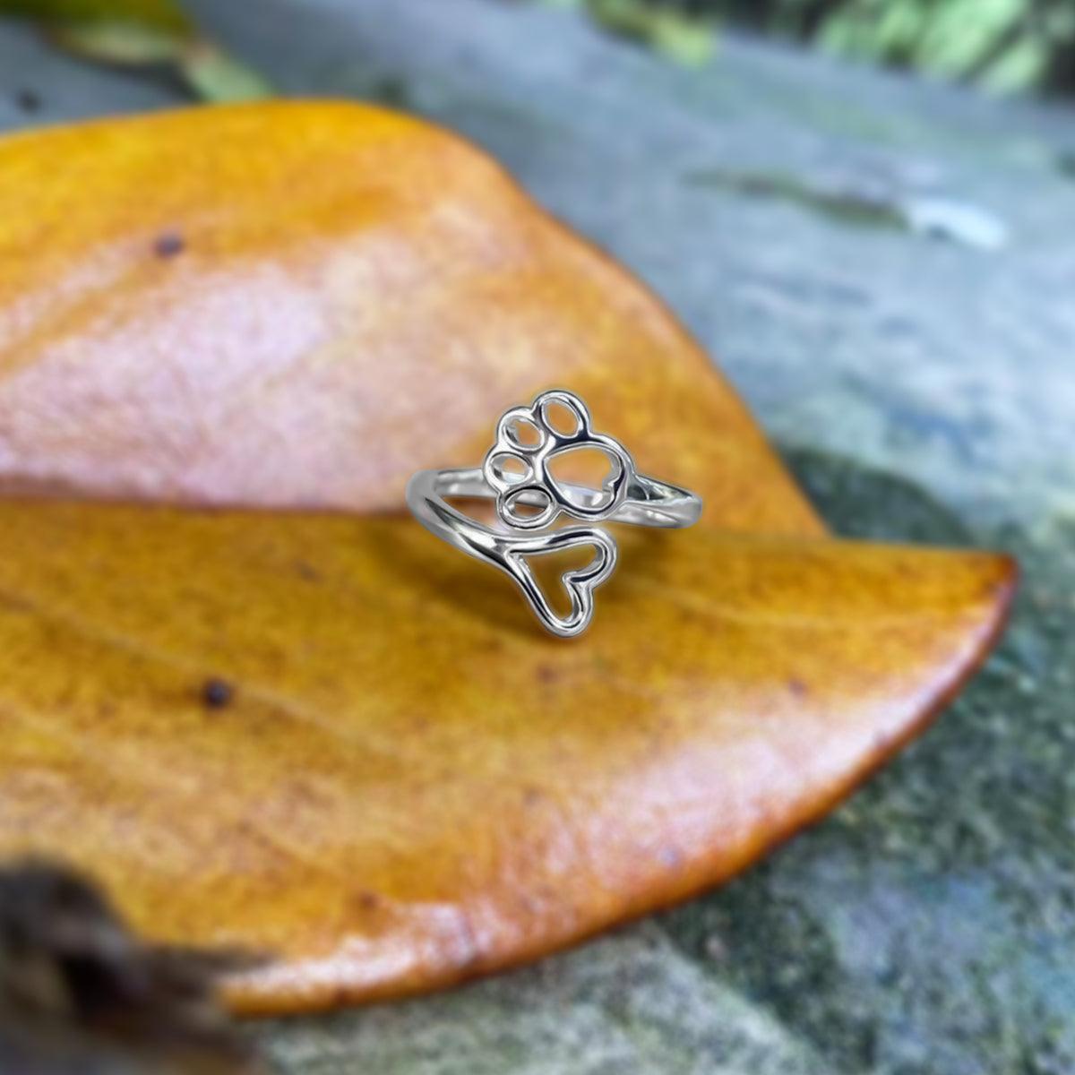 Paw Print Heart Ring in Silver Tone