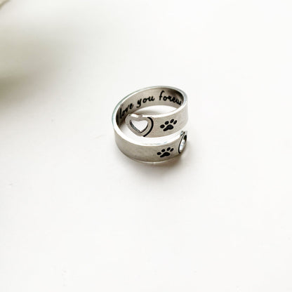 Twisted Heart and Paw Print Ring with Forever Love Inscription